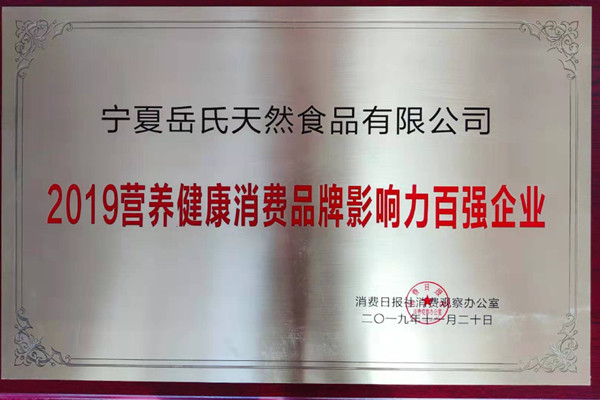 熱烈祝賀寧夏岳氏天然食品有限公司榮獲“2019營(yíng)養(yǎng)健康消費(fèi)品牌影響力百強(qiáng)企業(yè)”稱號(hào)