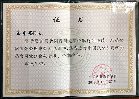 喜訊！恭喜岳平安董事長(zhǎng)榮獲“中國(guó)民族醫(yī)藥學(xué)會(huì)藥食同源分會(huì)副會(huì)長(zhǎng)”